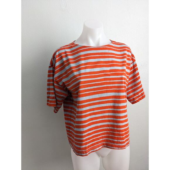 Marimekko Uniqlo Sz Small Crew Neck Tee T Shirt Orange Blue Stripe Half Sleeves - Picture 8 of 16